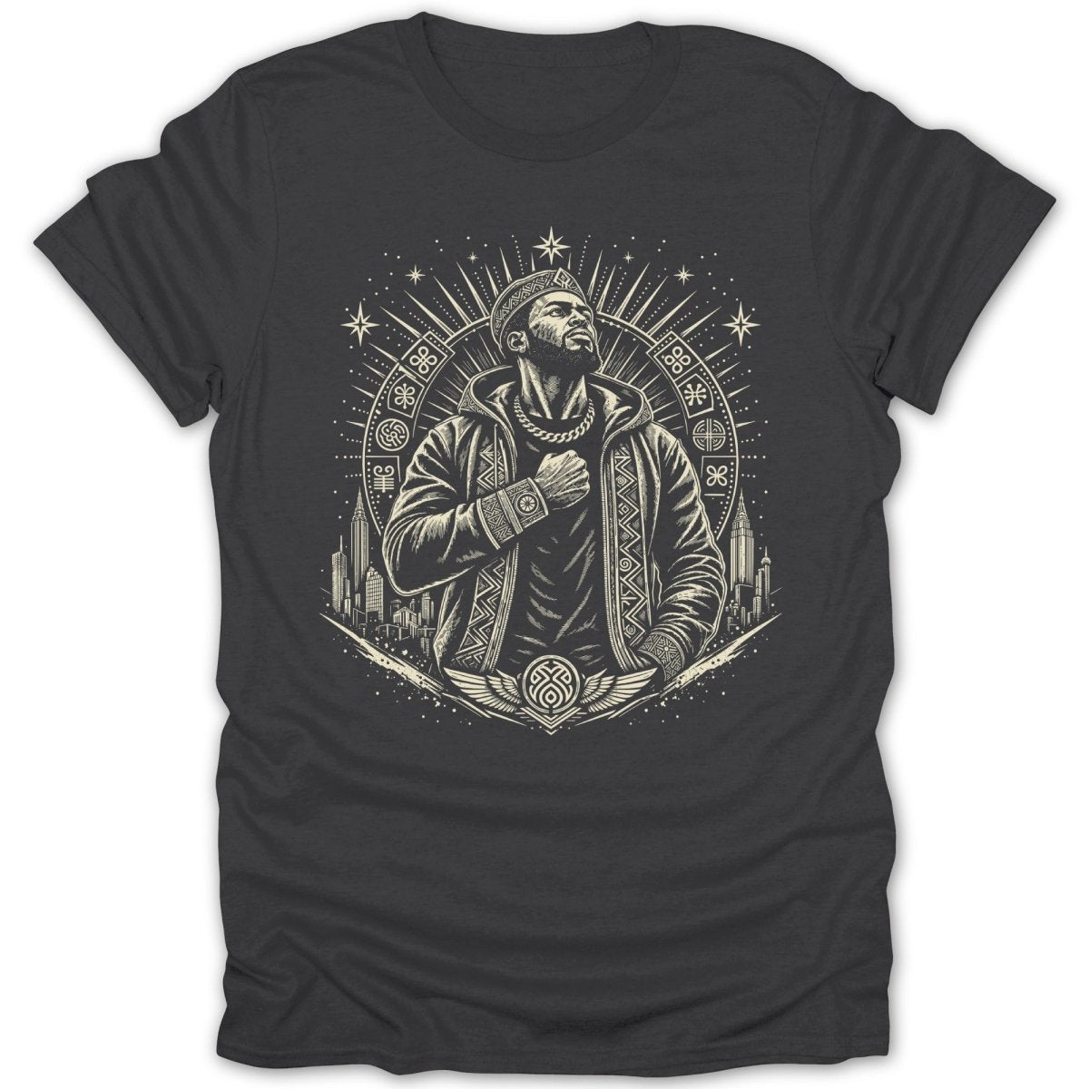 Graphic tee with a man in a jacket and city skyline within ornate sunburst and circular designs.