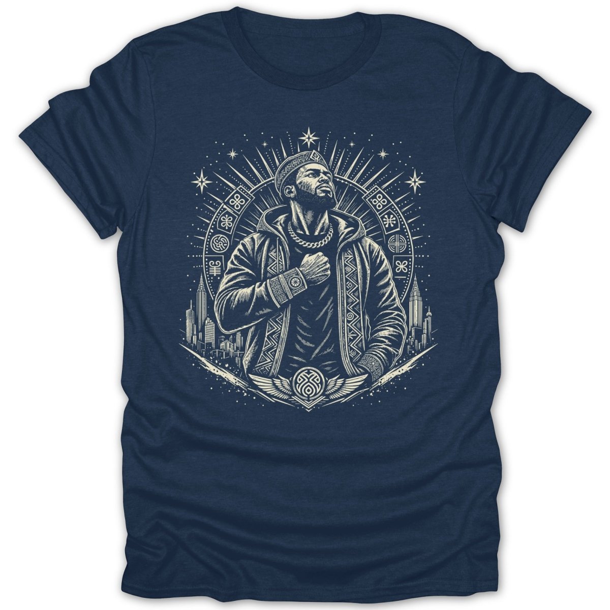 Graphic tee with a man in a hooded jacket and necklace, set against a cityscape.