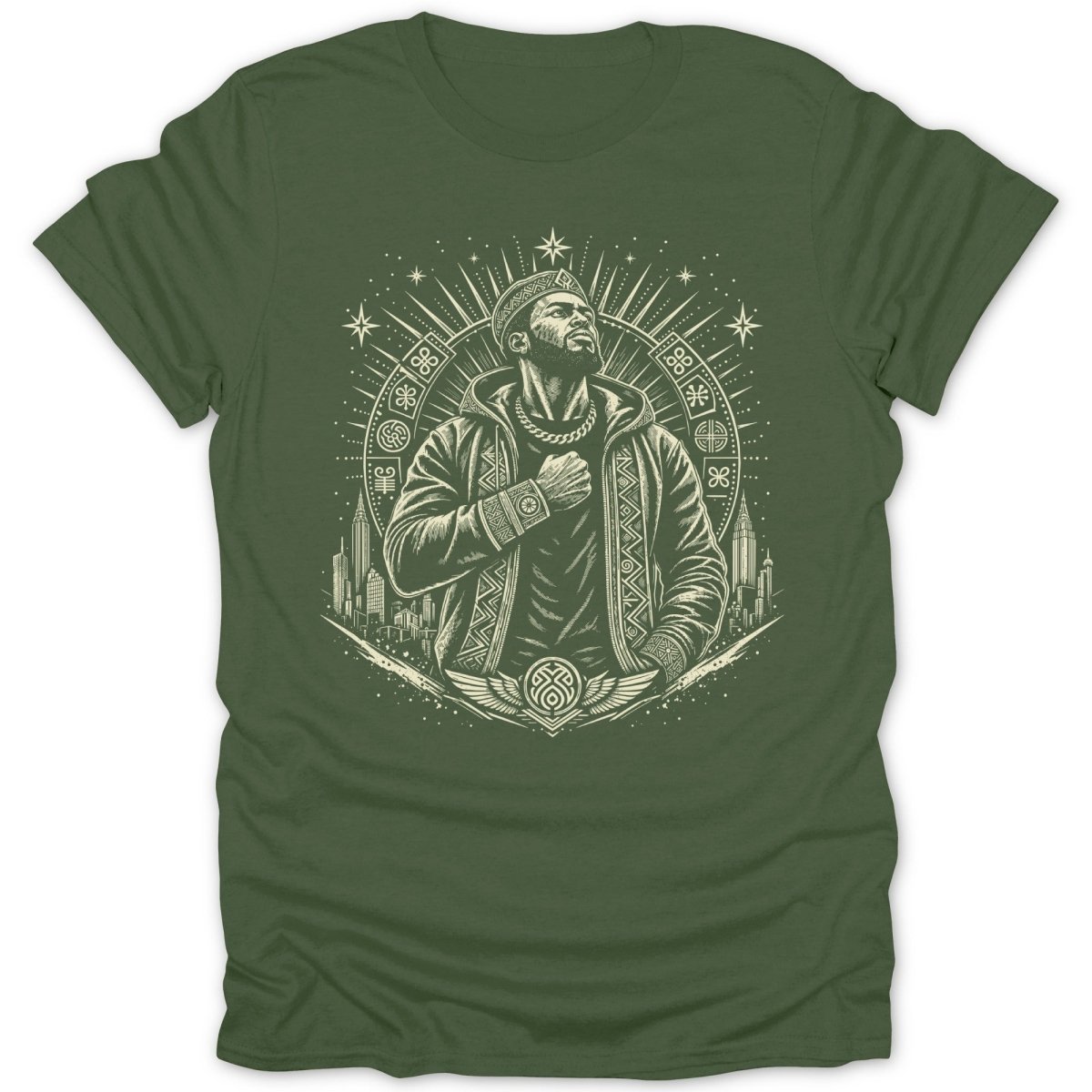 Green t-shirt with a central circular graphic of a man and cityscape.