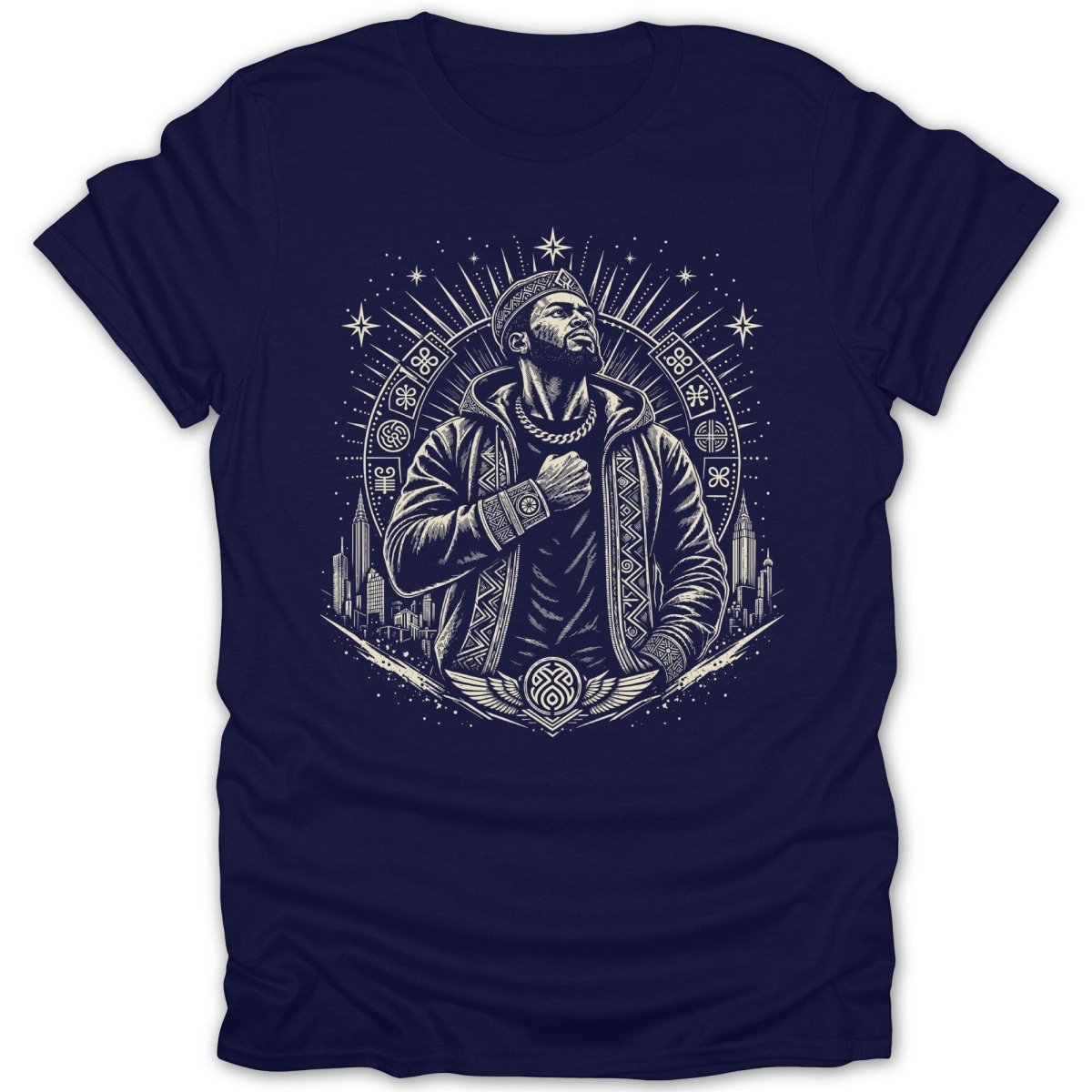 Dark blue t-shirt with line art of a man wearing a jacket, chain, and headwear, with cityscape.