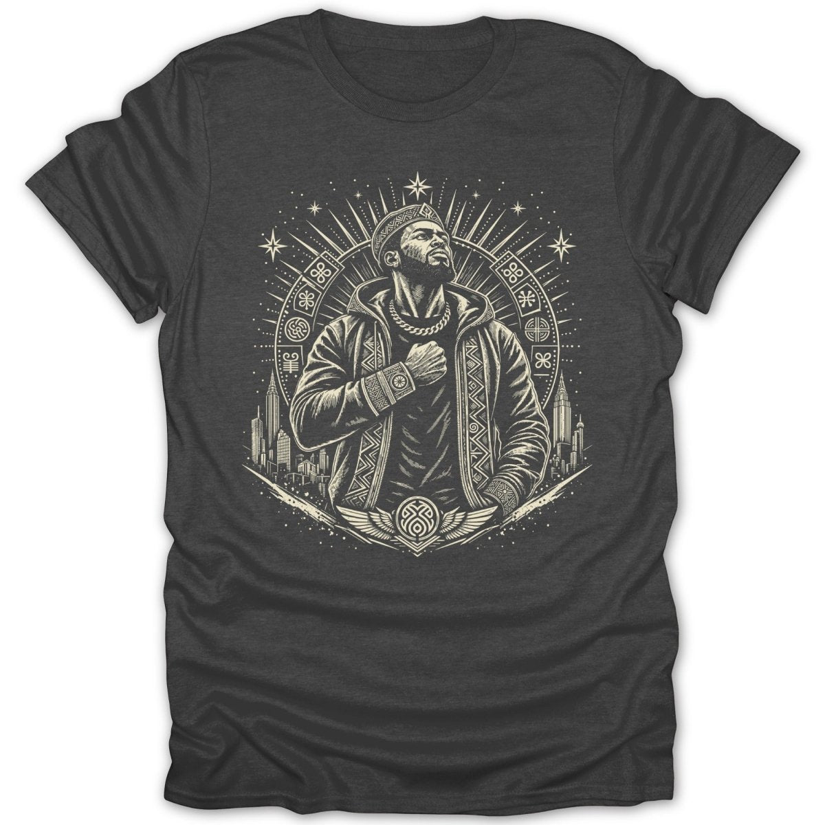 T-shirt with black and white graphic of a man in a jacket against a city skyline.