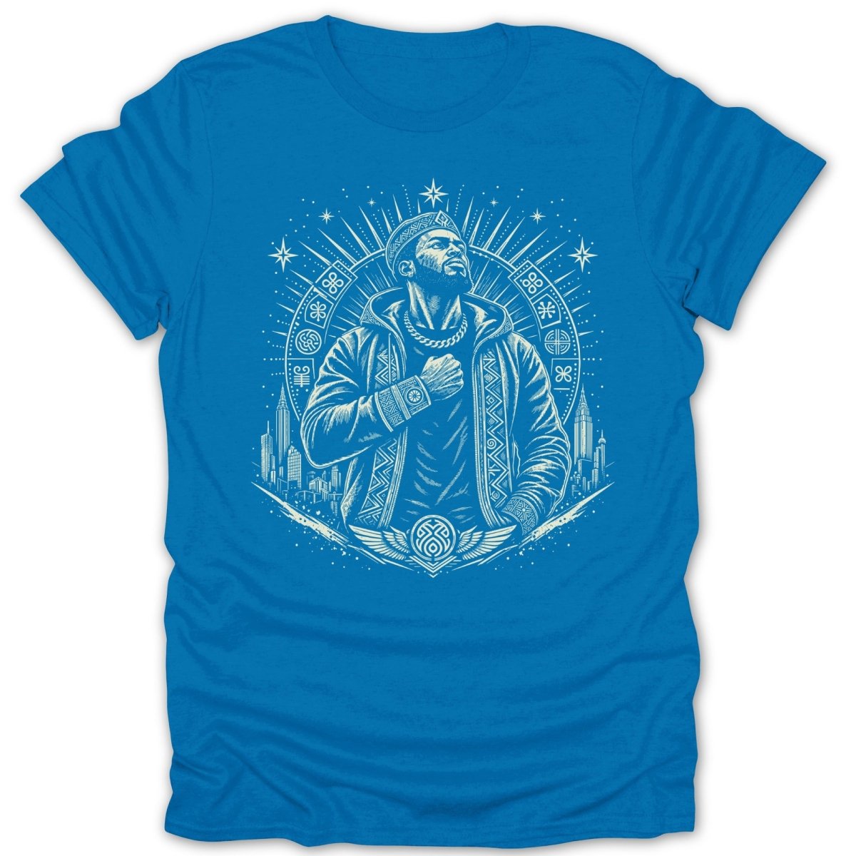 Blue t-shirt with white graphic of man, city skyline, and circular design.