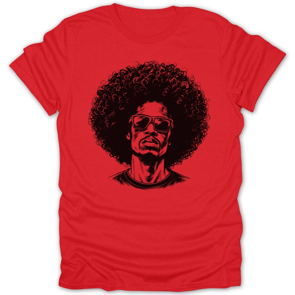 Red t-shirt with a black graphic of a man with large afro and sunglasses.