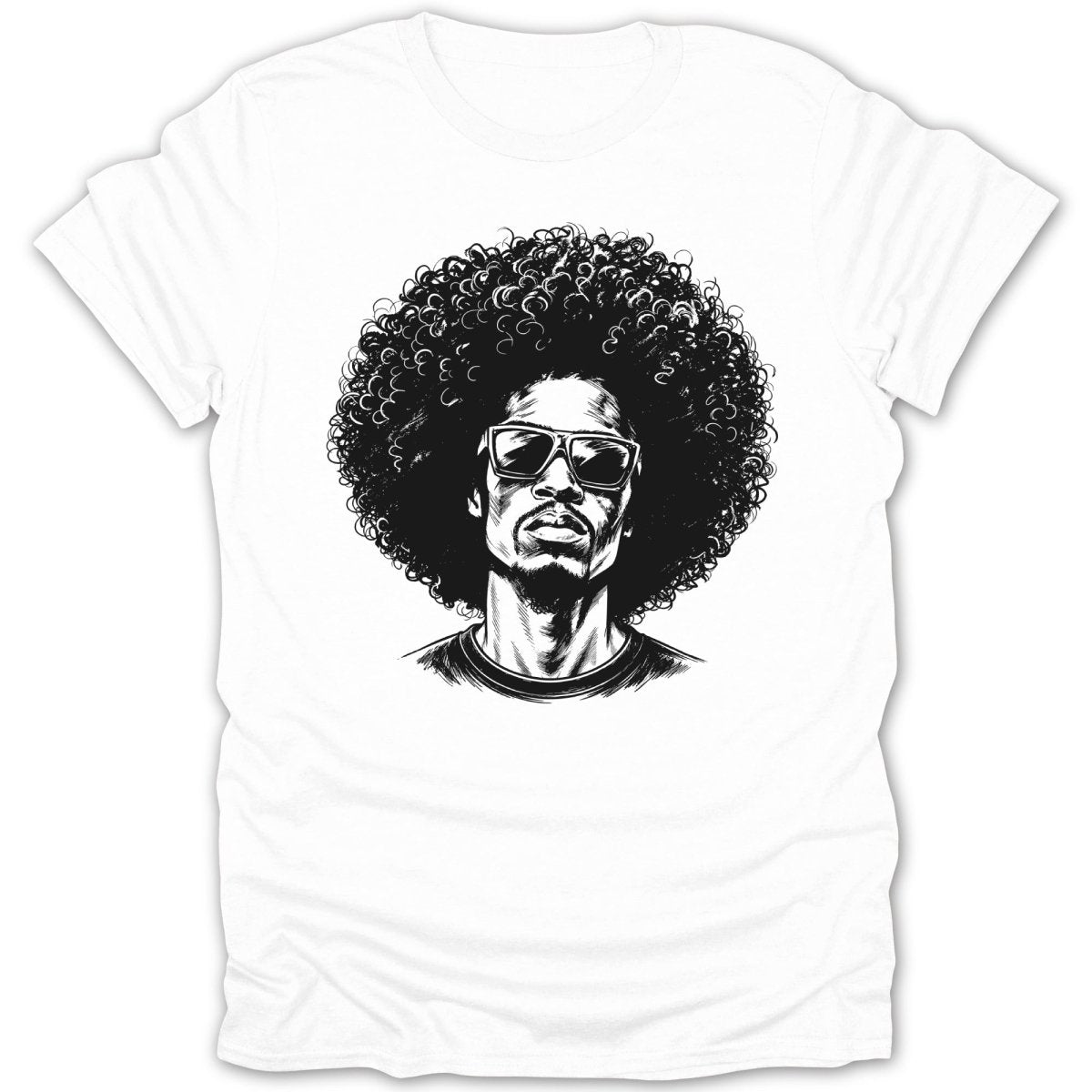 Sketch of a man with a large afro and sunglasses on a white t-shirt.