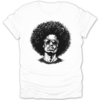Sketch of a man with a large afro and sunglasses on a white t-shirt.