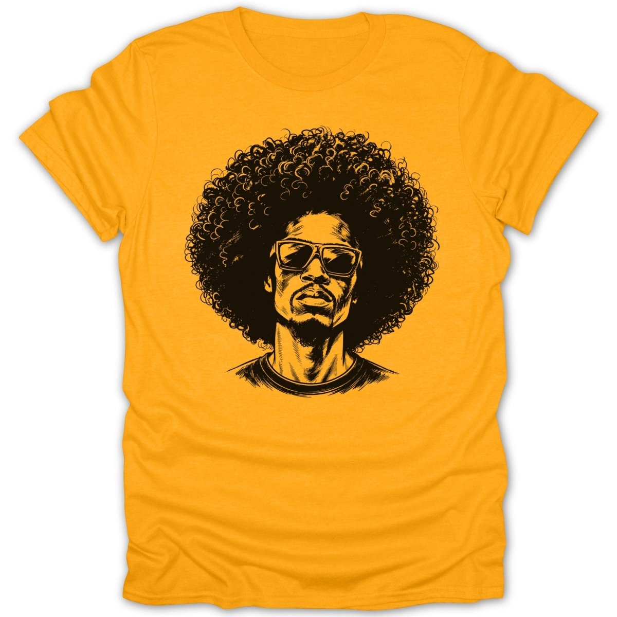 Yellow t-shirt with a black sketch of a man with an afro and sunglasses.