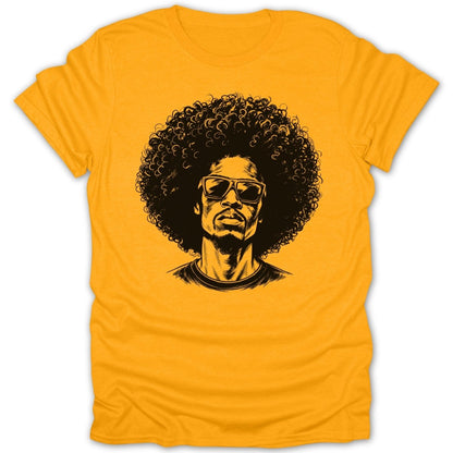 Yellow t-shirt with a black sketch of a man with an afro and sunglasses.