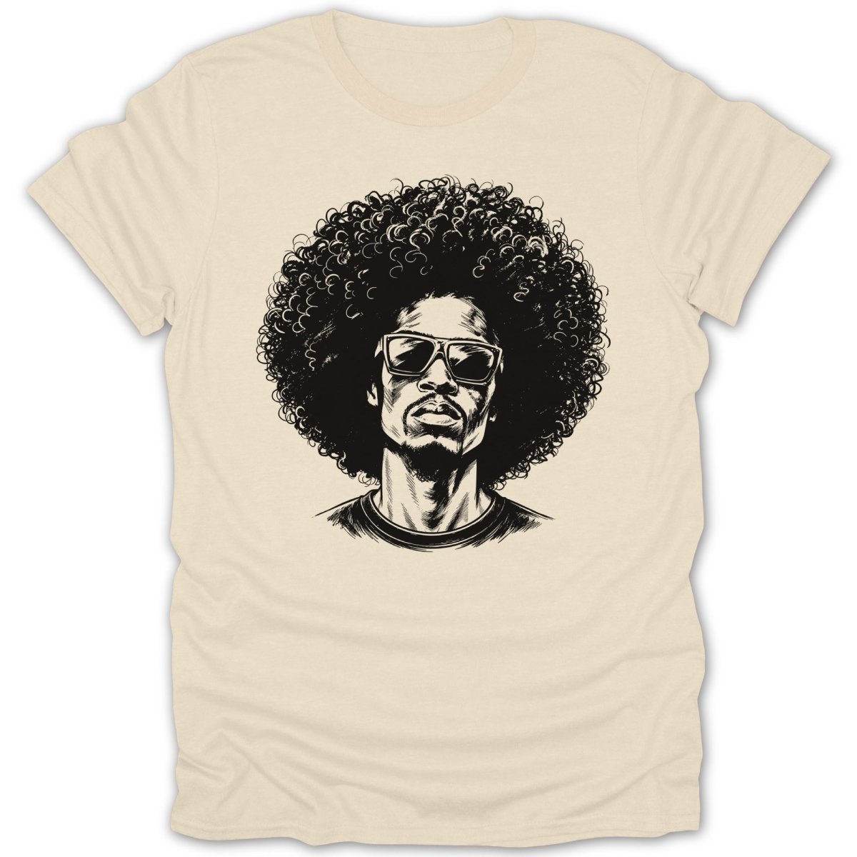 Sketch of a man with an afro and sunglasses on a cream t-shirt.