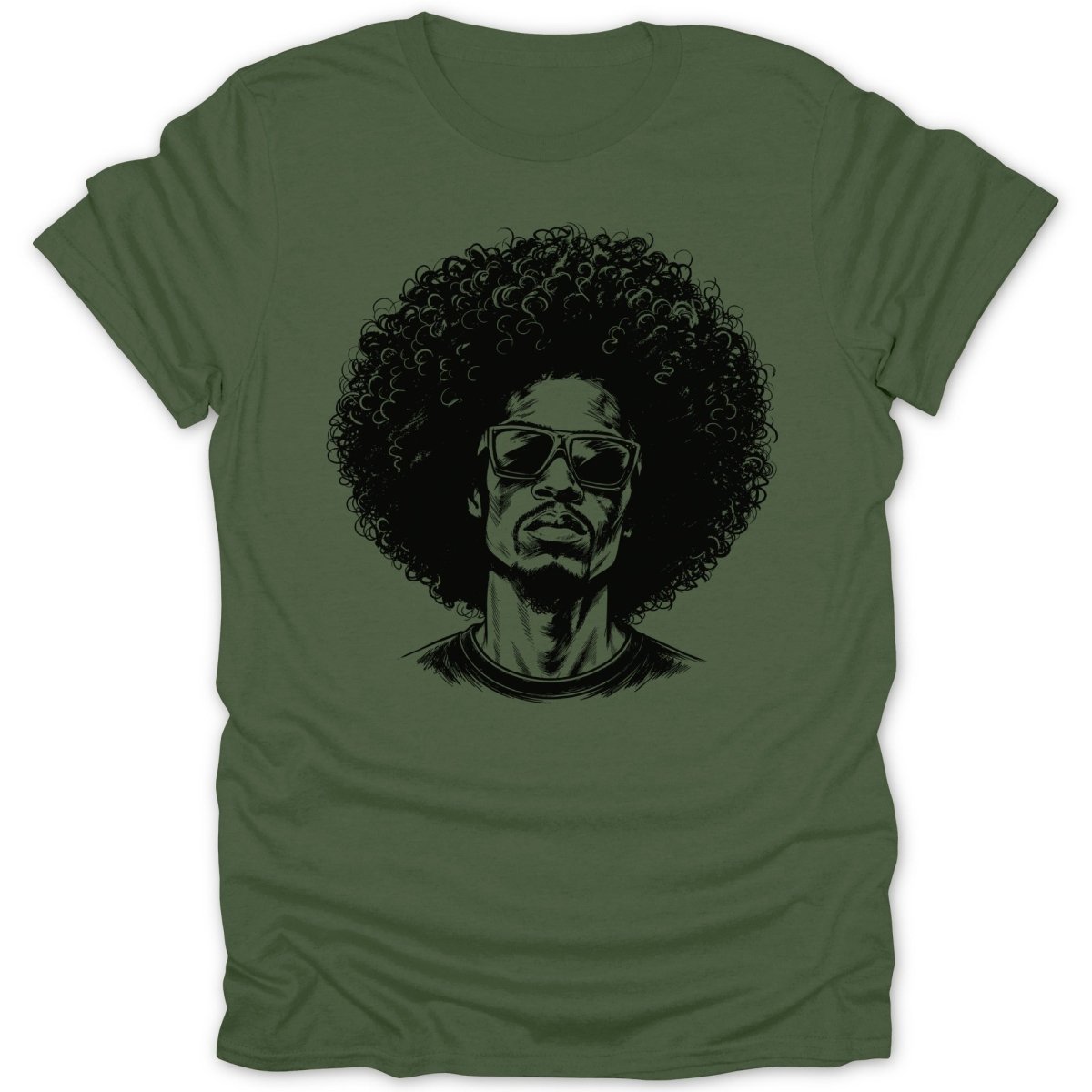 Green t-shirt with a black line drawing of a man with large afro and sunglasses.