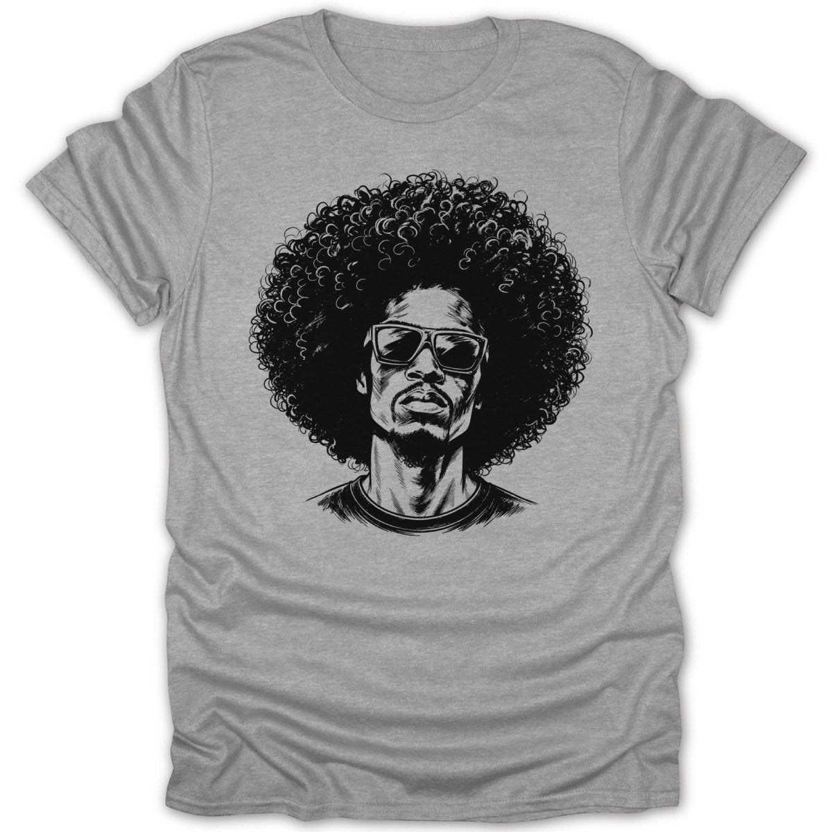 Black and white portrait of a man with sunglasses and large afro on gray t-shirt.