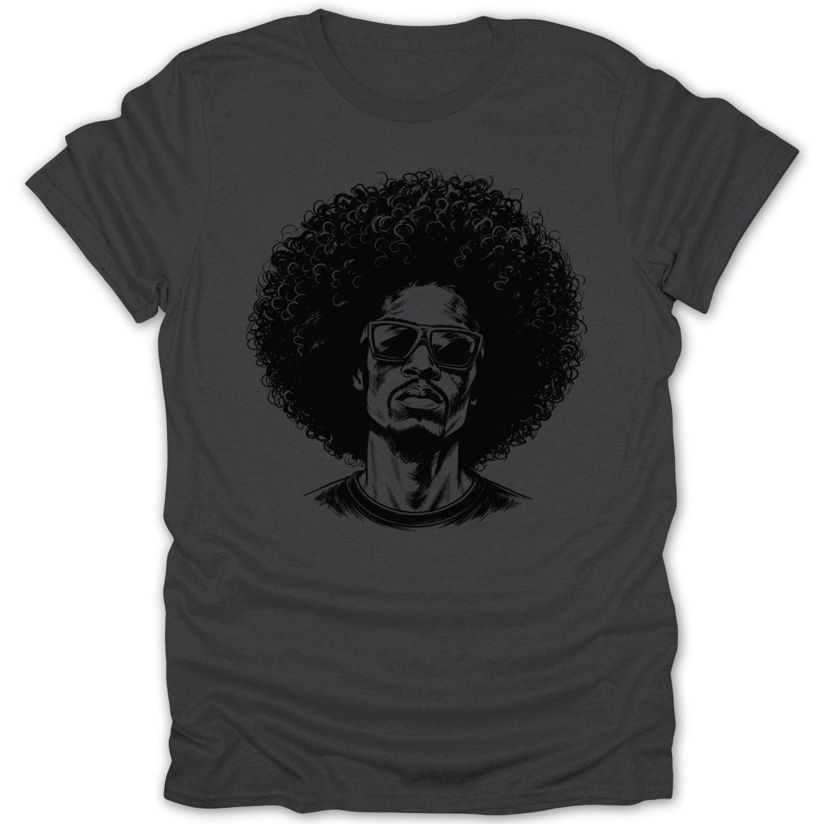 T-shirt with charcoal grey fabric featuring a black ink sketch of a man with an afro and sunglasses.
