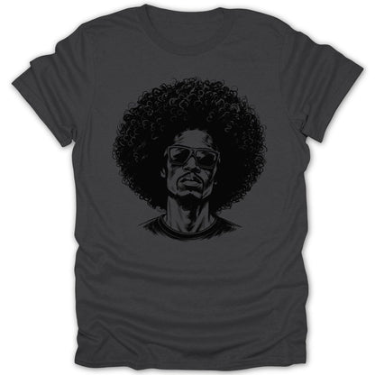 T-shirt with charcoal grey fabric featuring a black ink sketch of a man with an afro and sunglasses.