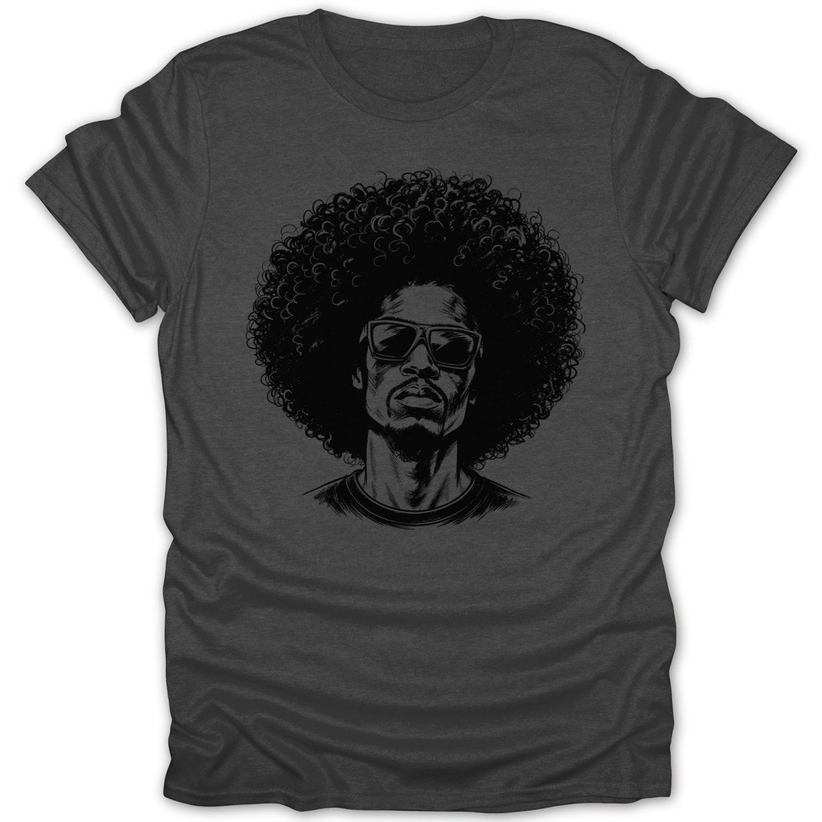 T-shirt with a sketch of a man with an afro and sunglasses.