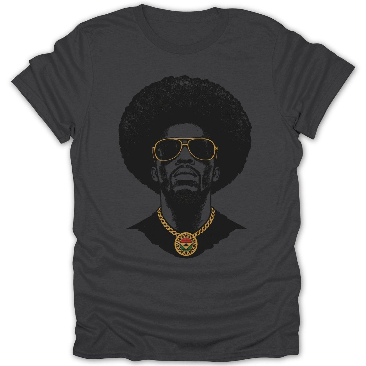 Charcoal t-shirt with graphic of man with afro, sunglasses, and medallion necklace.