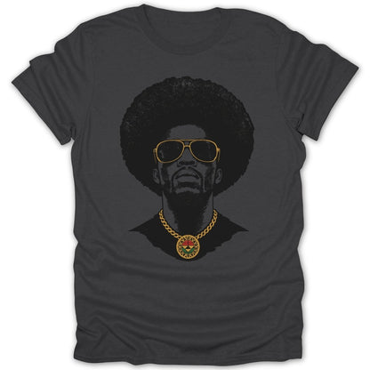 Charcoal t-shirt with graphic of man with afro, sunglasses, and medallion necklace.