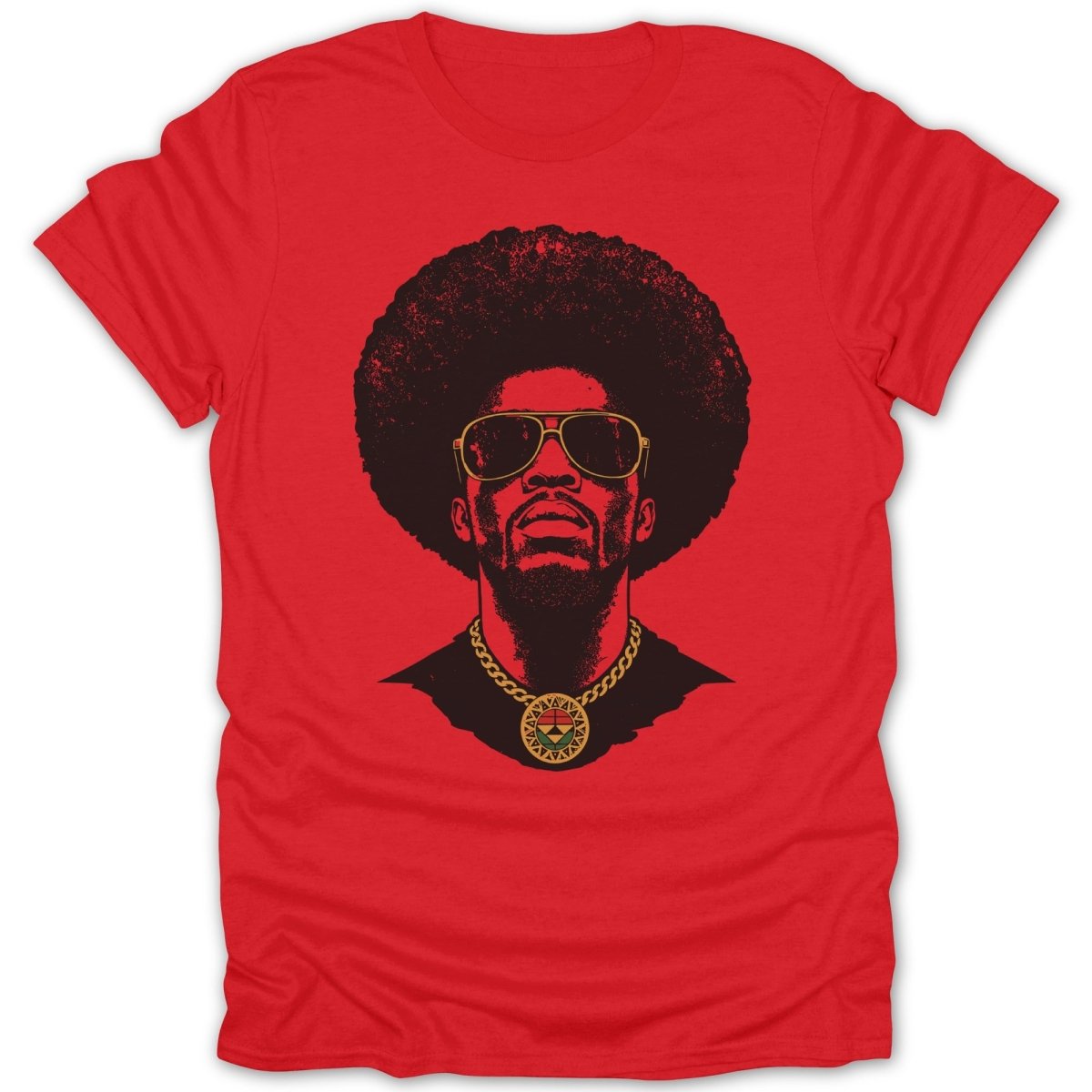 Red t-shirt with black graphic of a man with an afro, sunglasses, and a pendant necklace.
