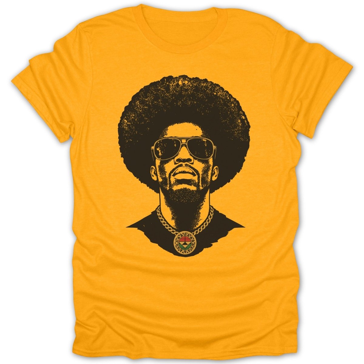 Black graphic of man with afro and sunglasses wearing a chain on yellow t-shirt.