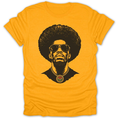 Black graphic of man with afro and sunglasses wearing a chain on yellow t-shirt.