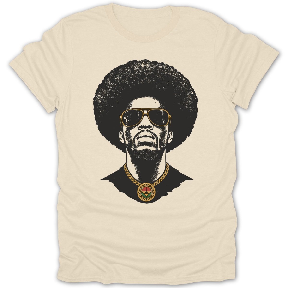 Black graphic print of a man with an afro, sunglasses, and a medallion on a cream t-shirt.
