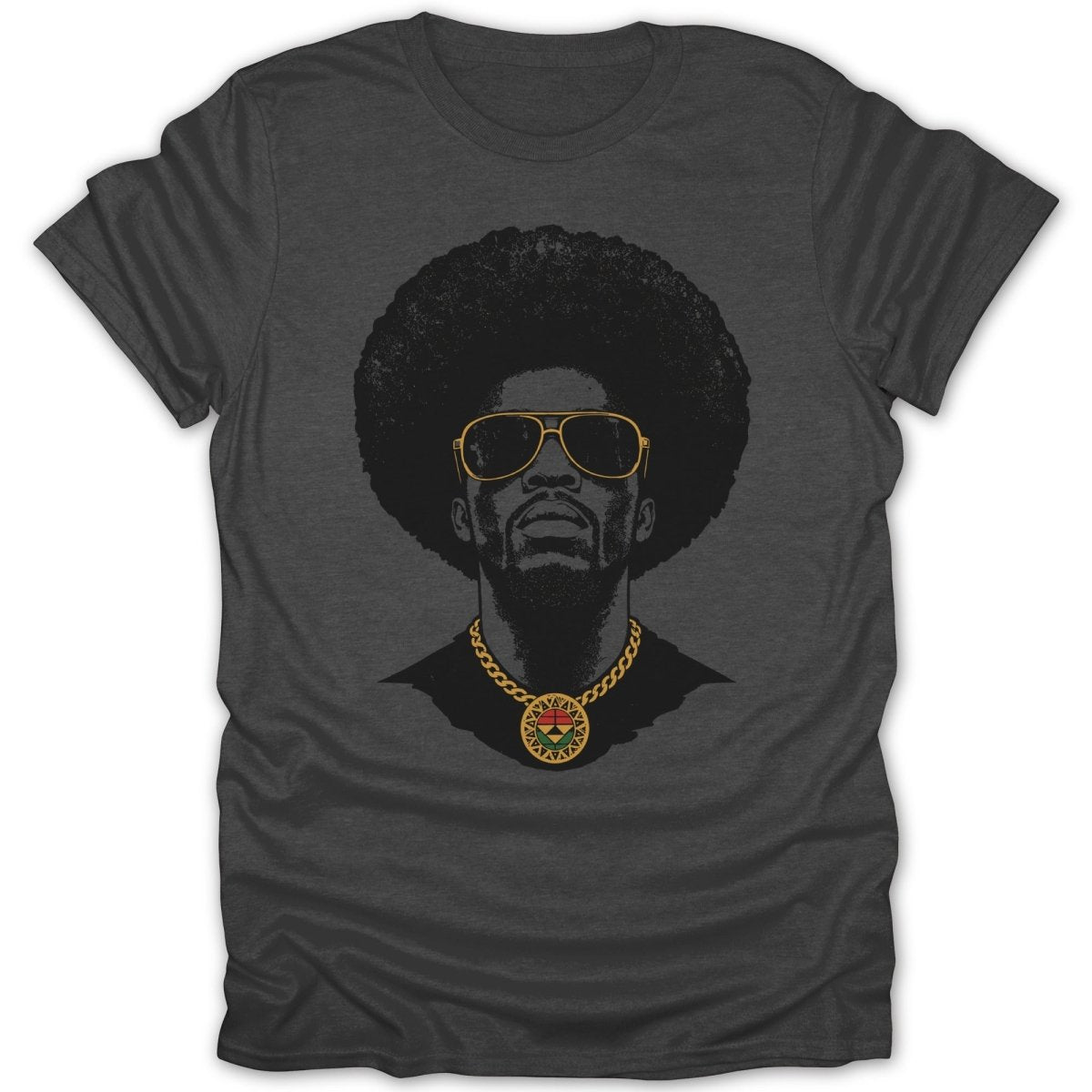 Dark t-shirt with graphic of man with afro, sunglasses, and a pan-African flag pendant necklace.