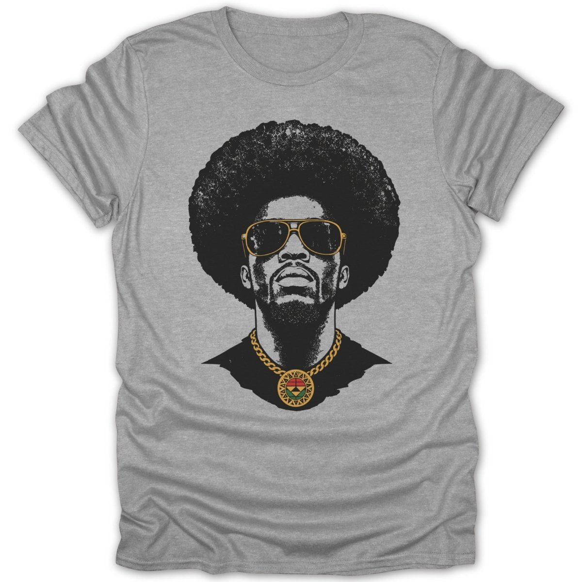 Grey t-shirt with illustration of a man with an afro, sunglasses, and medallion.