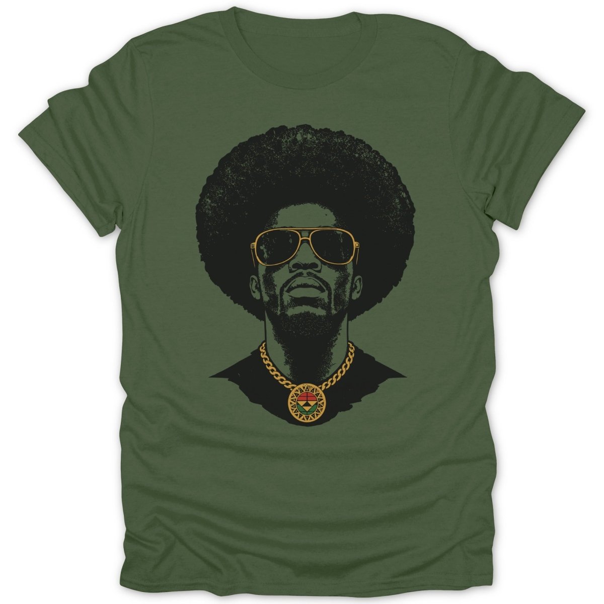 Green t-shirt with illustration of a man with an afro and sunglasses wearing a chain.