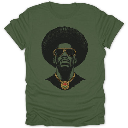 Green t-shirt with illustration of a man with an afro and sunglasses wearing a chain.