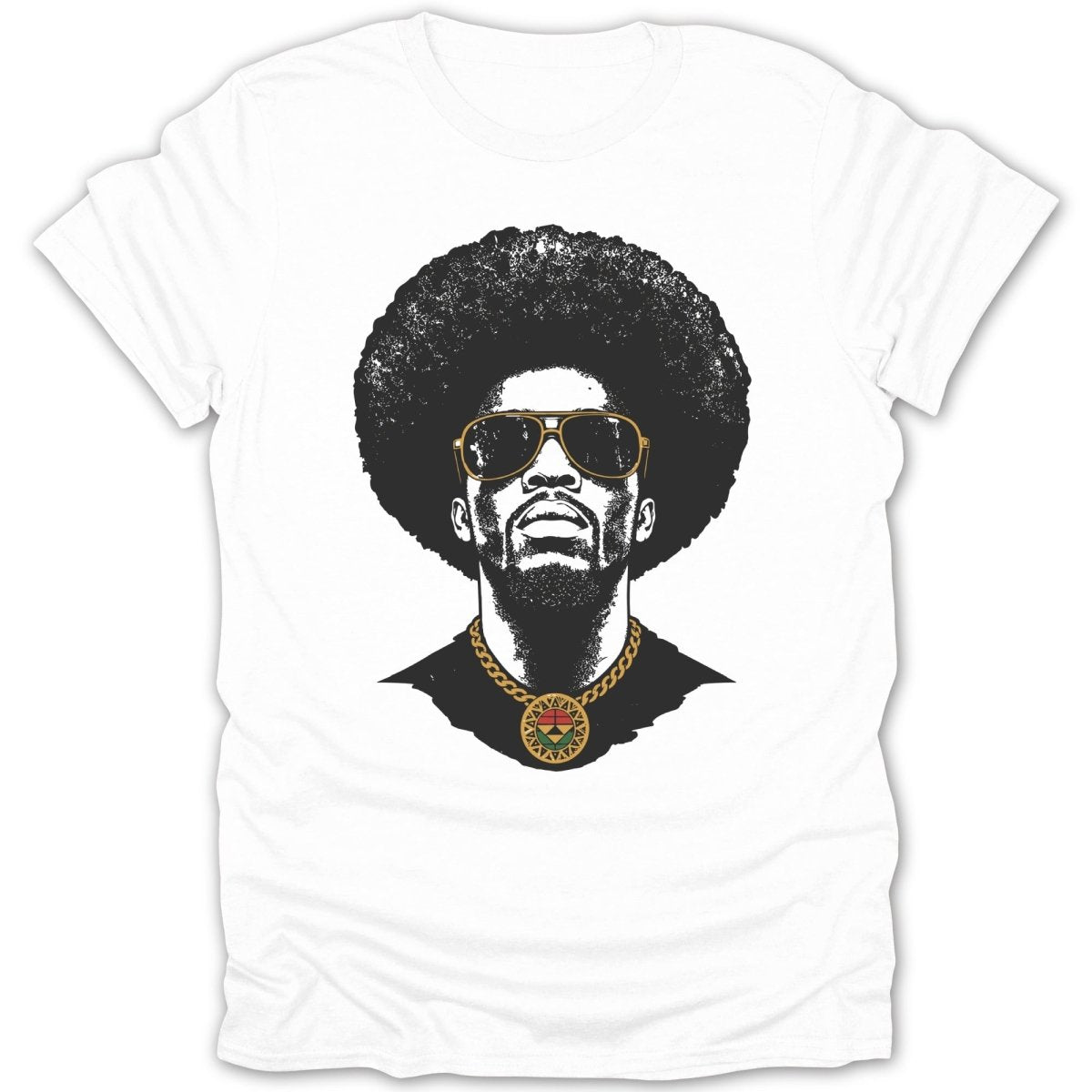 Black and white graphic of a man with an afro, sunglasses, and a gold chain with pendant.