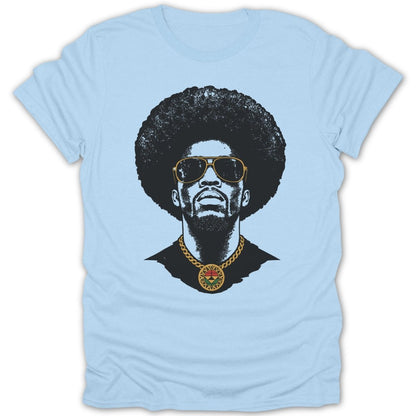 Light blue t-shirt with a black graphic of a man with an afro, sunglasses, and a pendant.