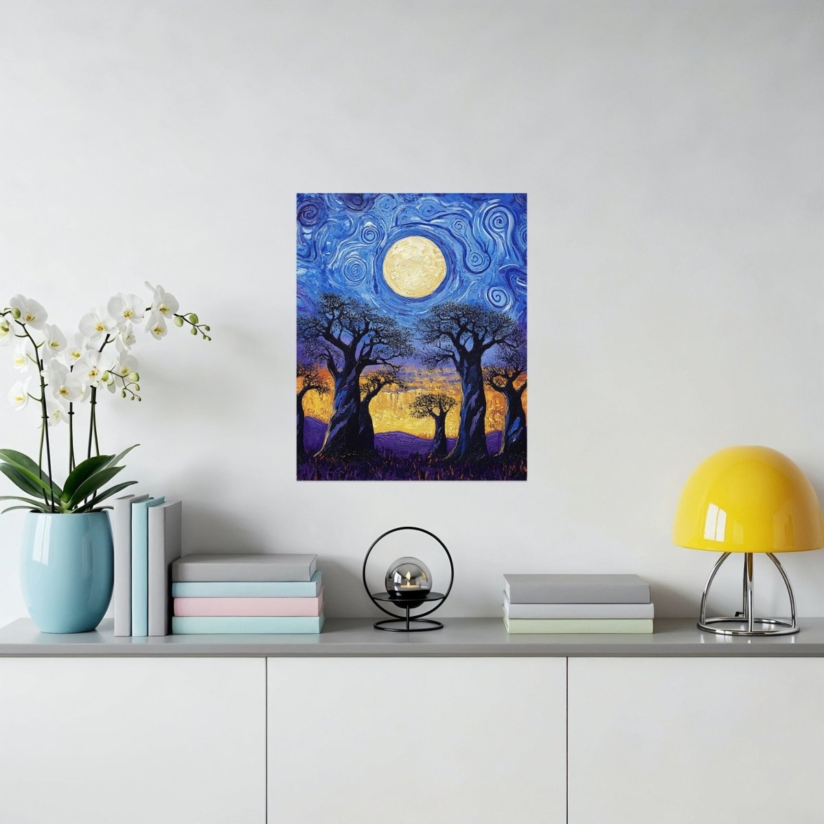 Vibrant Nightscape With Moon Trees Impasto Style Poster - Zion Threadz