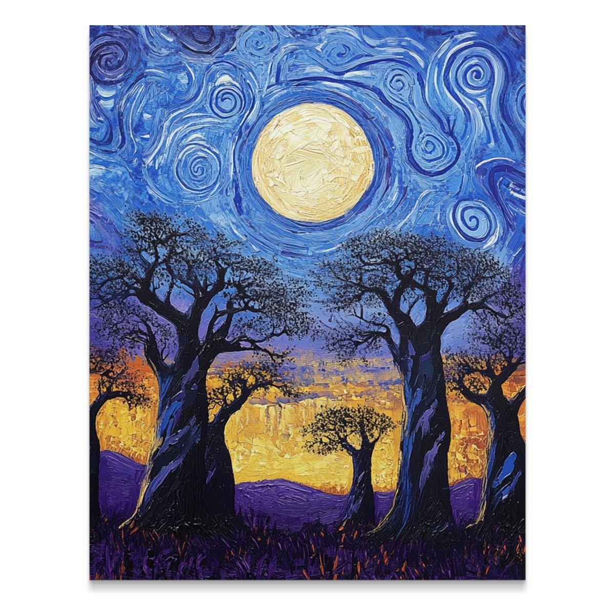 Vibrant Nightscape With Moon Trees Impasto Style Poster - Zion Threadz