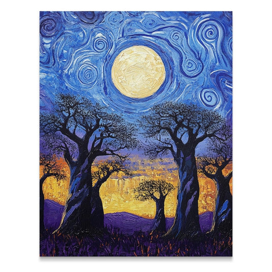 Vibrant Nightscape With Moon Trees Impasto Style Poster - Zion Threadz