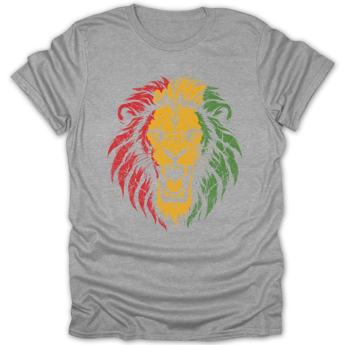 Grey t-shirt with a distressed Rasta lion head graphic in red, gold, and green.