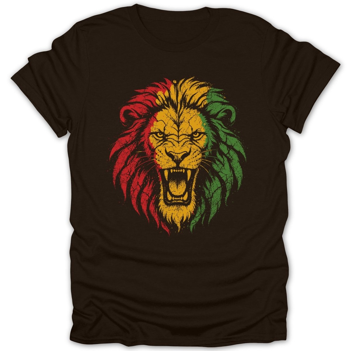 Brown t-shirt with a distressed Rasta-colored lion's head graphic.