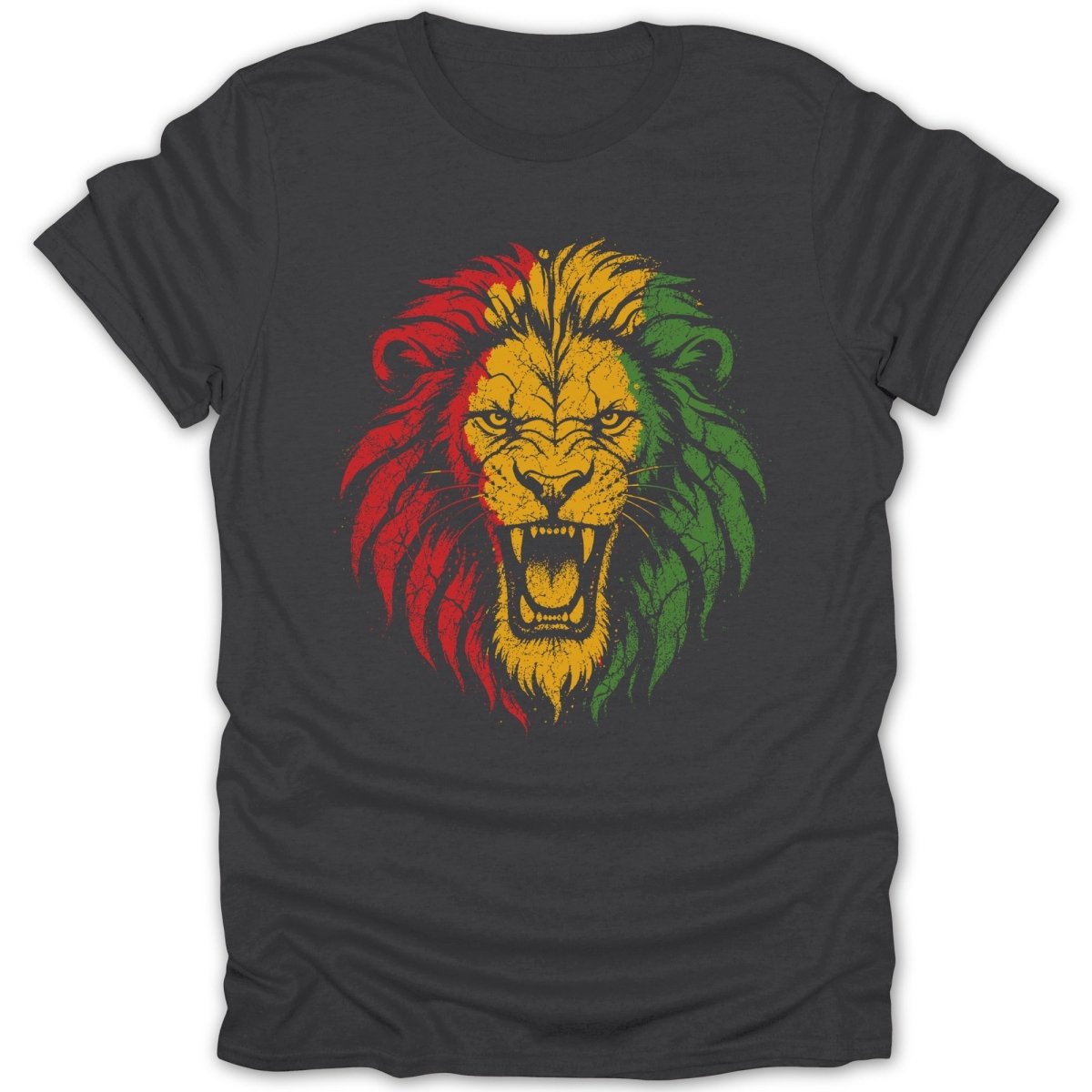 Dark grey t-shirt with a distressed lion's head graphic in red, yellow, and green.