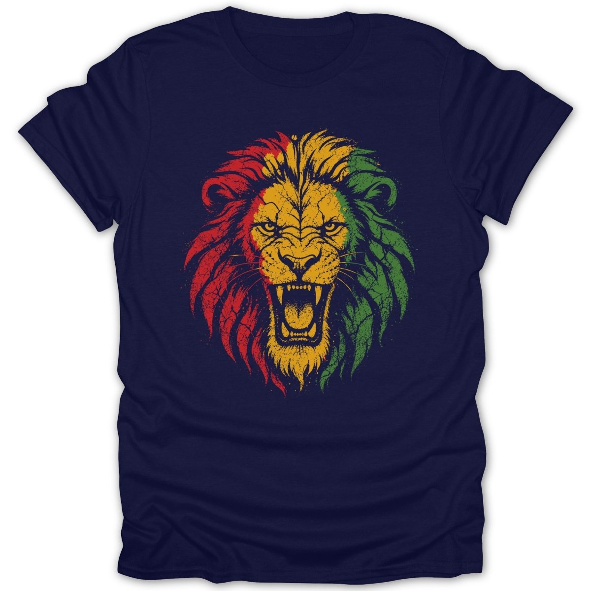Navy t-shirt with a roaring lion head graphic in red, yellow, and green.