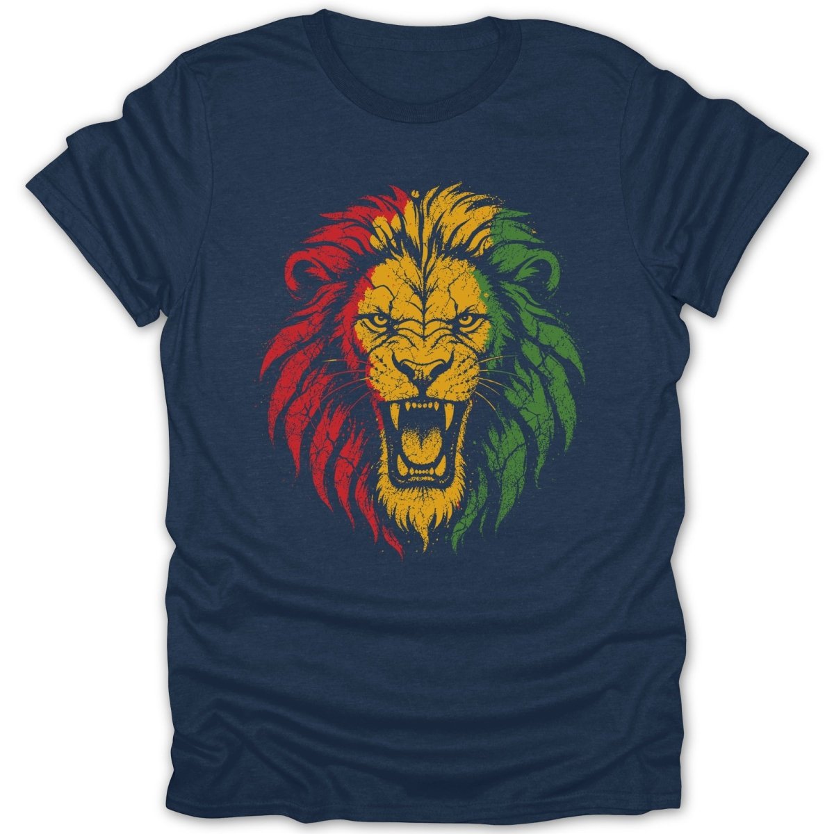 Navy t-shirt featuring a roaring lion head with Rasta flag colors.