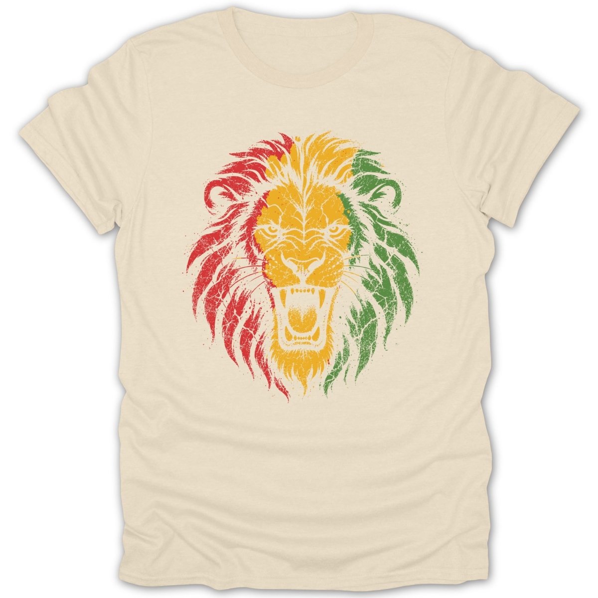 Cream t-shirt with a distressed Rasta lion graphic across the chest.