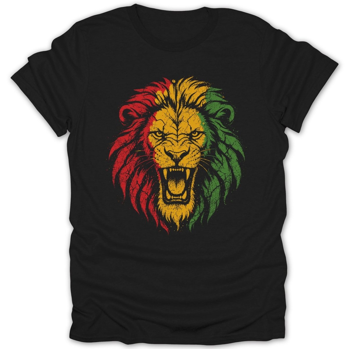 Black t-shirt with a roaring lion head in red, yellow, and green.