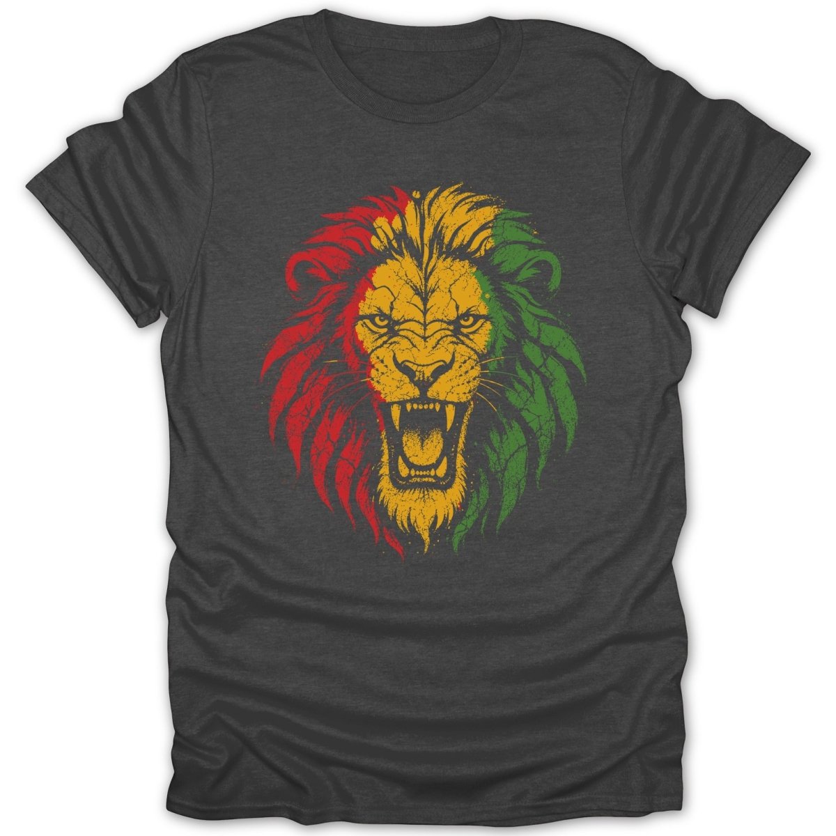 Dark grey t-shirt with a roaring lion head graphic in red, yellow, and green.