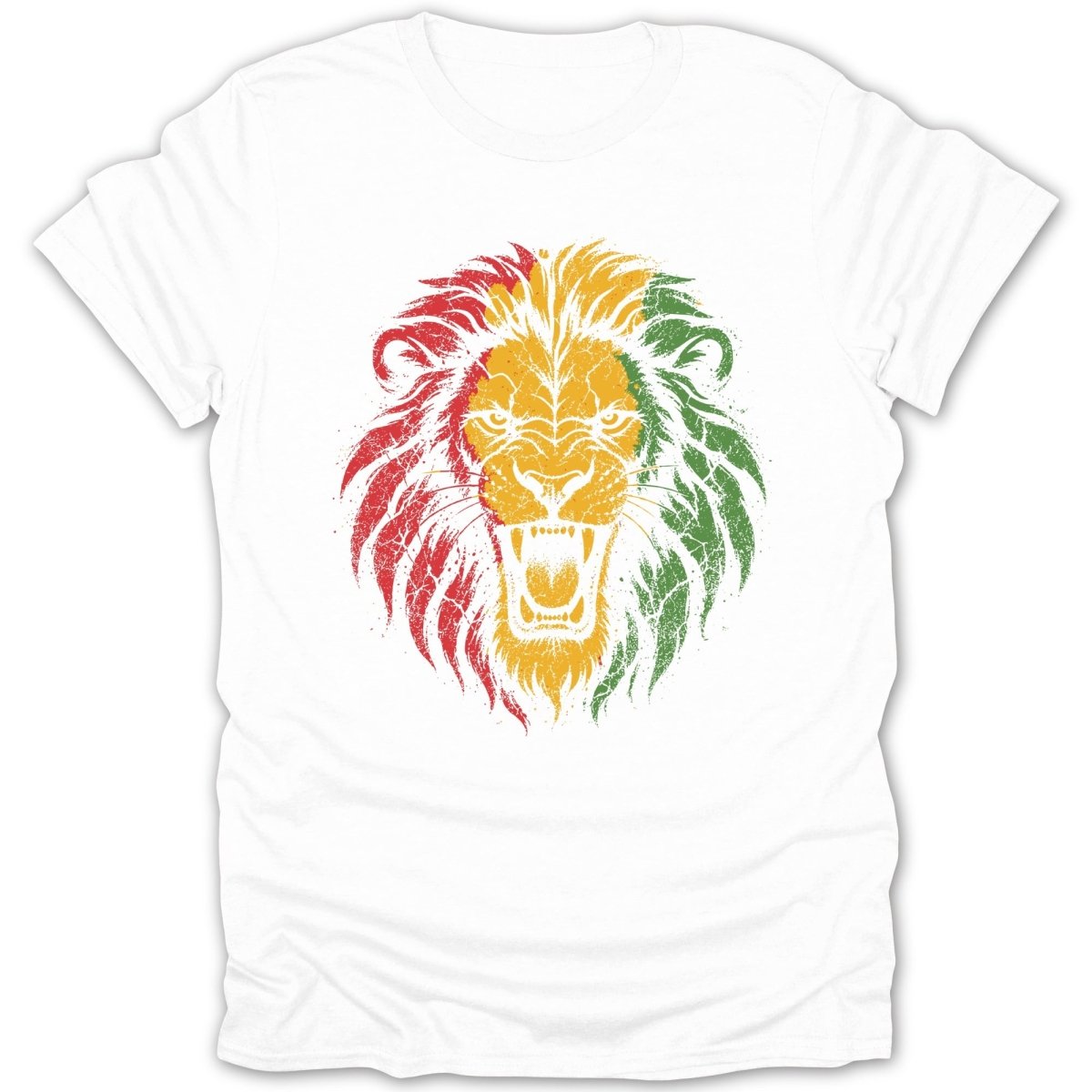 White t-shirt with roaring lion graphic in red, yellow, and green.