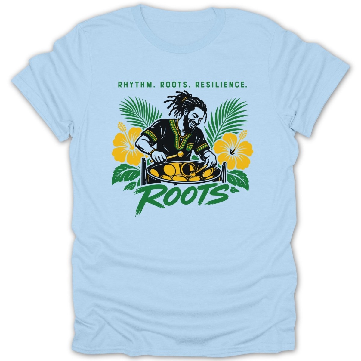 T-shirt design with man playing steel drums, flowers, and text "RHYTHM. ROOTS. RESILIENCE."