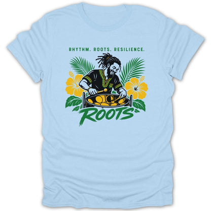 T-shirt design with man playing steel drums, flowers, and text "RHYTHM. ROOTS. RESILIENCE."