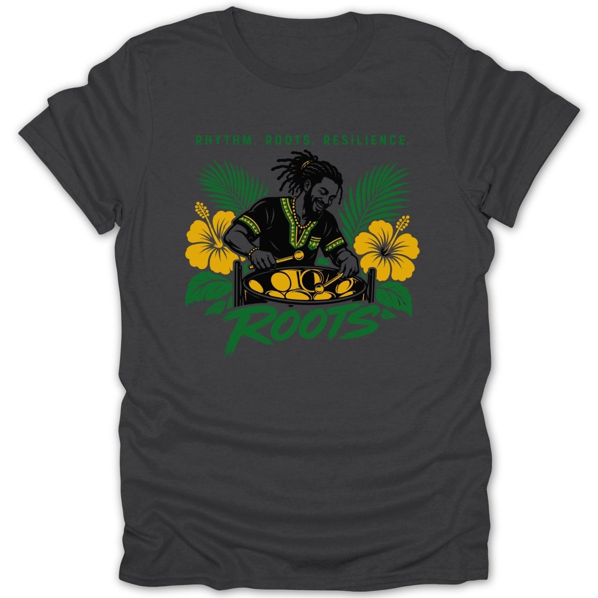 Man playing steel drum with text "RHYTHM. ROOTS. RESILIENCE." and hibiscus flowers.