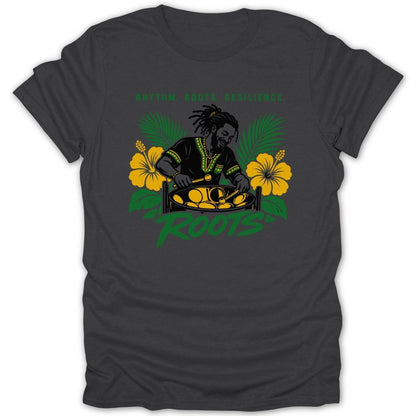 Man playing steel drum with text "RHYTHM. ROOTS. RESILIENCE." and hibiscus flowers.