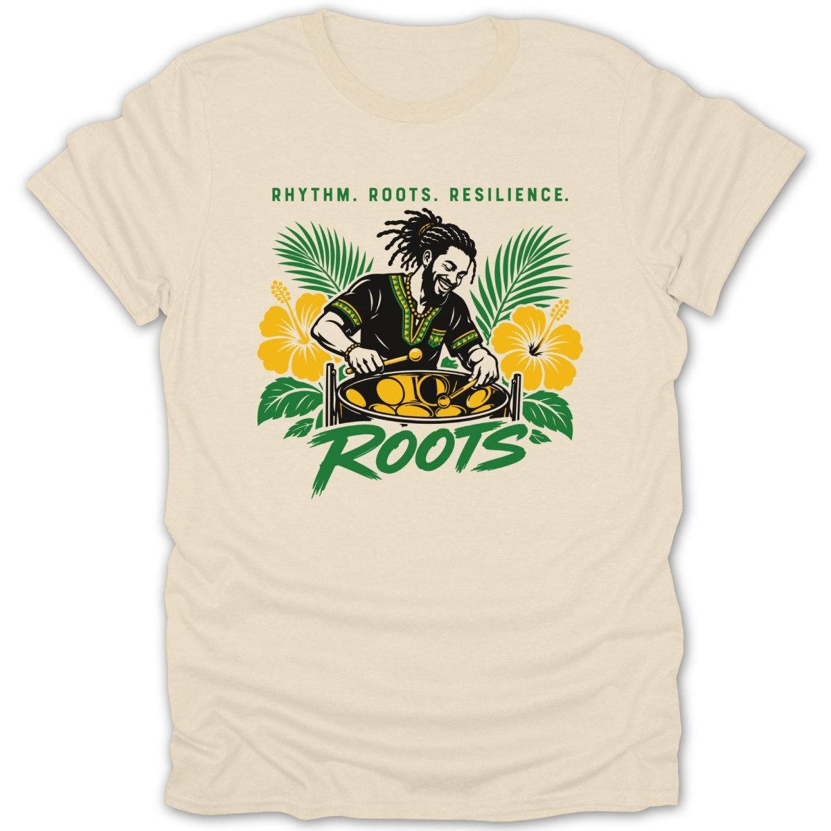 Man playing steel drum with "Roots" text and tropical flowers.