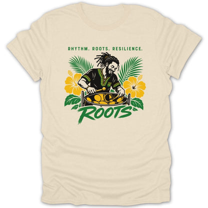 Man playing steel drum with "Roots" text and tropical flowers.