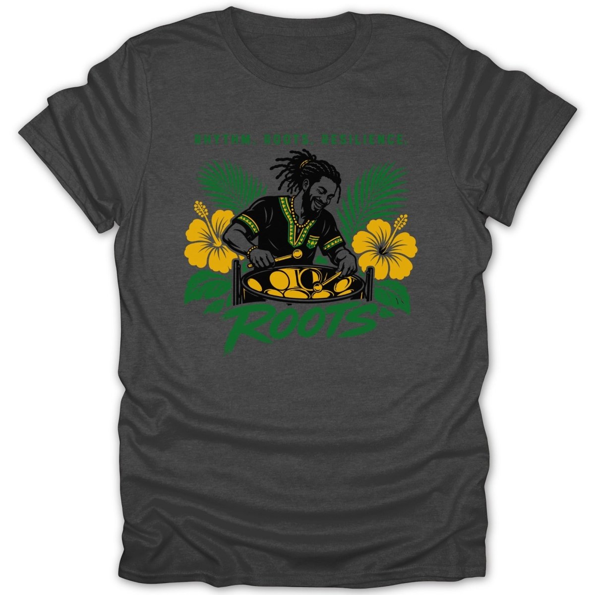 Man playing steel drum with yellow hibiscus flowers and green leaves, "ROOTS" text.
