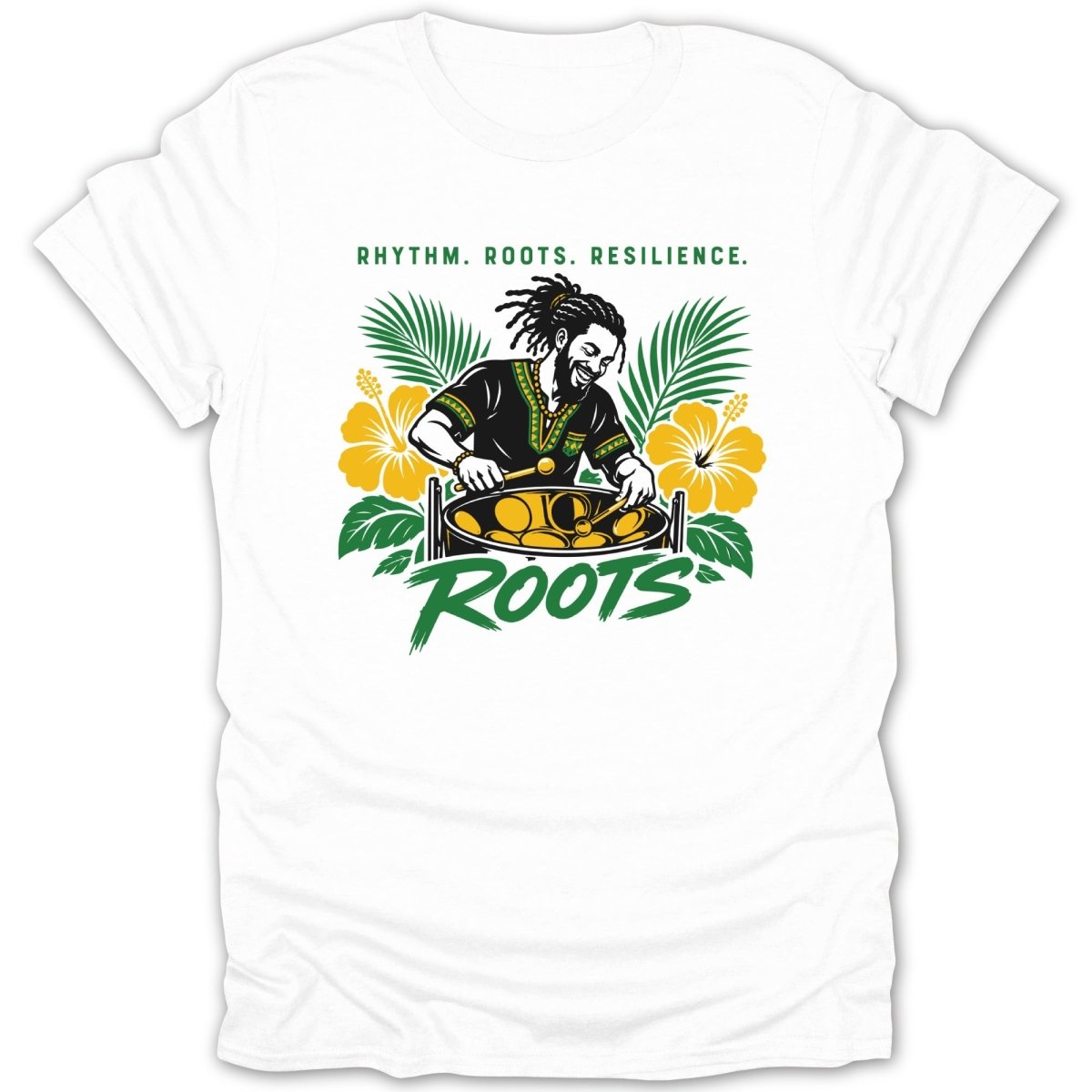 White t-shirt with illustration of man playing steel drum, yellow hibiscus, and palm fronds.