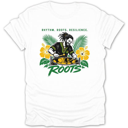 White t-shirt with illustration of man playing steel drum, yellow hibiscus, and palm fronds.